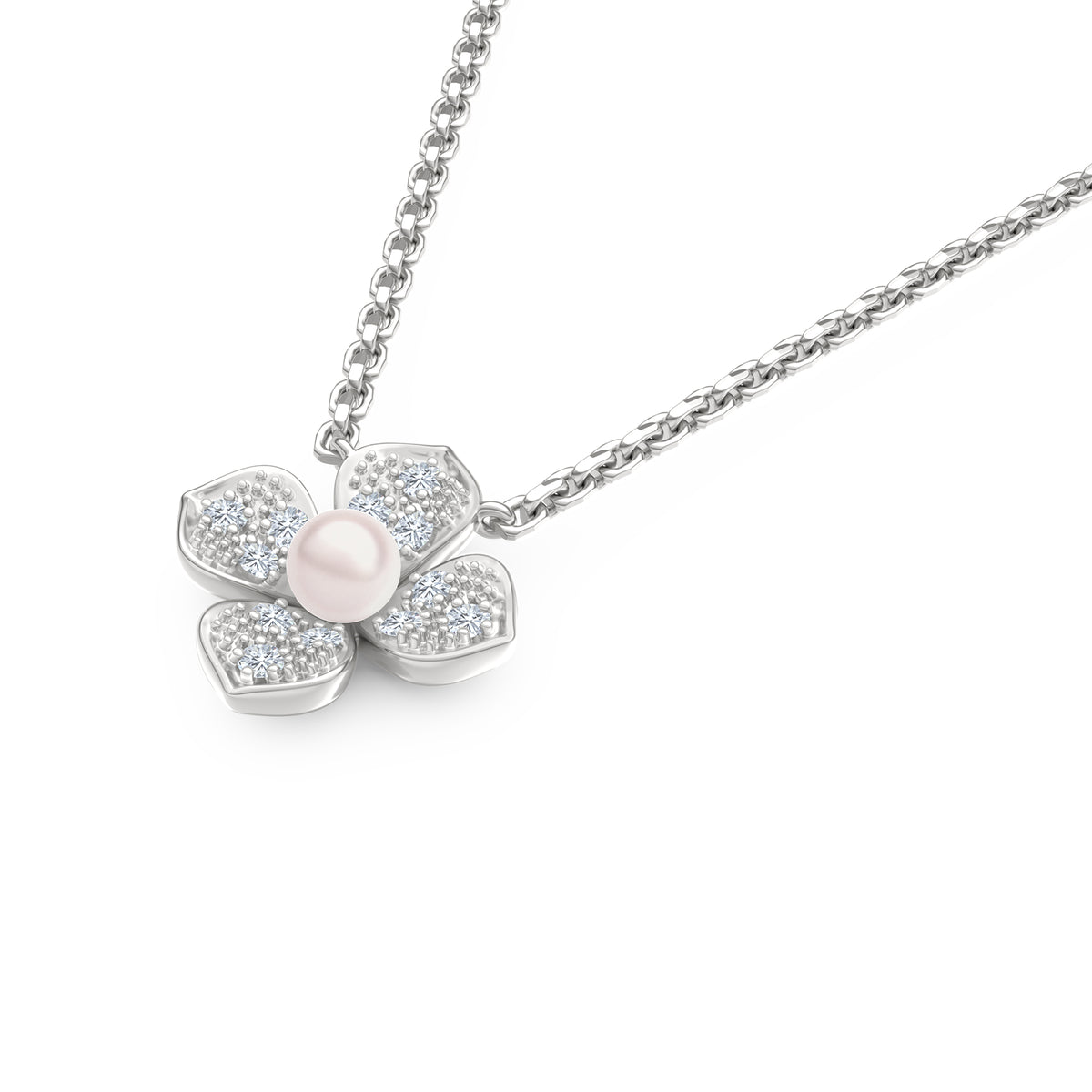 Eden 4mm Round Pearl and Lab Diamond Floral Necklace in Sterling Silver