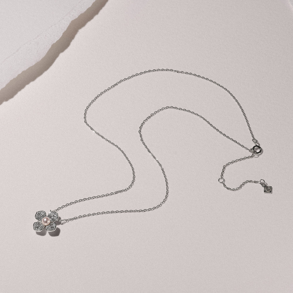 Eden 4mm Round Pearl and Lab Diamond Floral Necklace in Sterling Silver