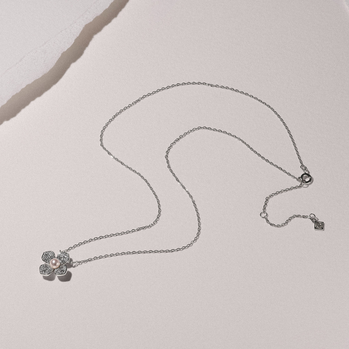 Eden 4mm Round Pearl and Lab Diamond Floral Necklace in Sterling Silver