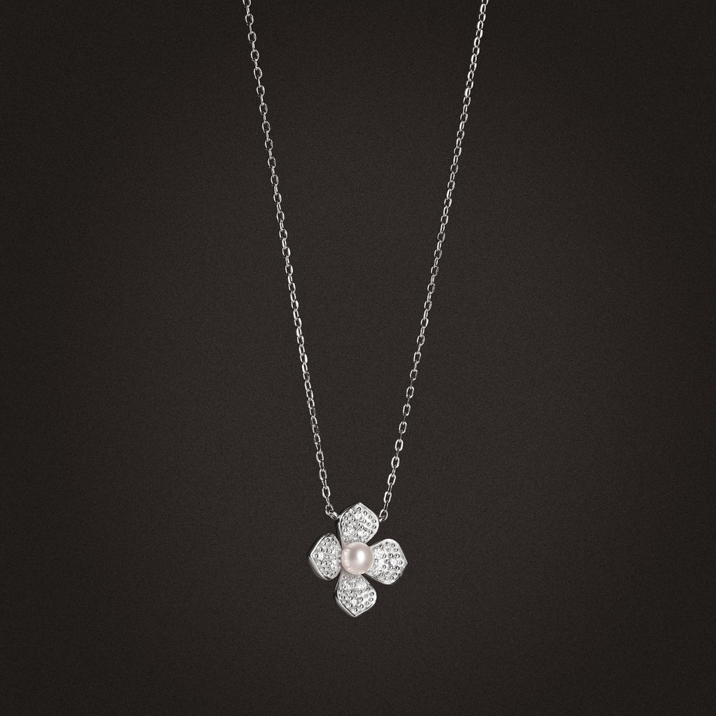Eden 4mm Round Pearl and Lab Diamond Floral Necklace in Sterling Silver