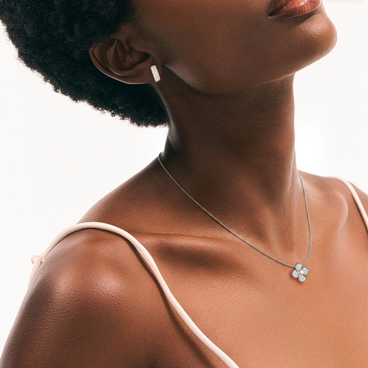 Eden 4mm Round Pearl and Lab Diamond Floral Necklace in Sterling Silver