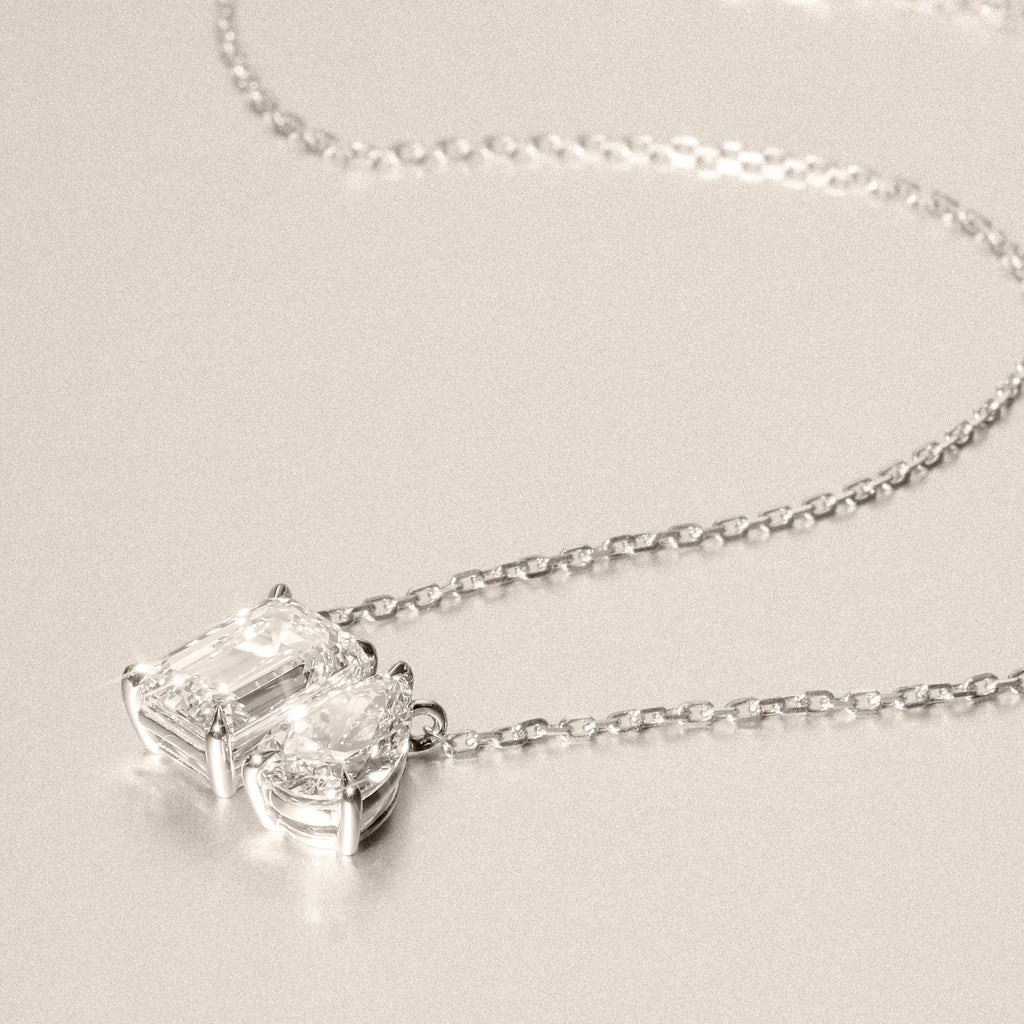 Toi Et Moi 3.00ct Emerald and Pear Cut Lab Diamond 2 Stone Necklace in 18K White Gold