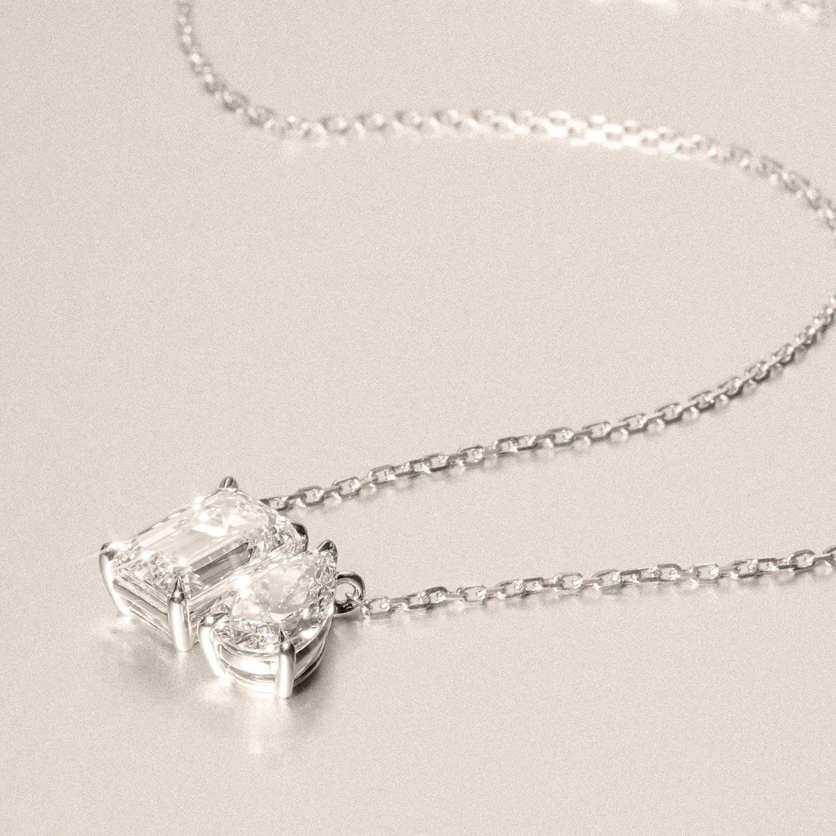 Toi Et Moi 3.00ct Emerald and Pear Cut Lab Diamond 2 Stone Necklace in 18K White Gold