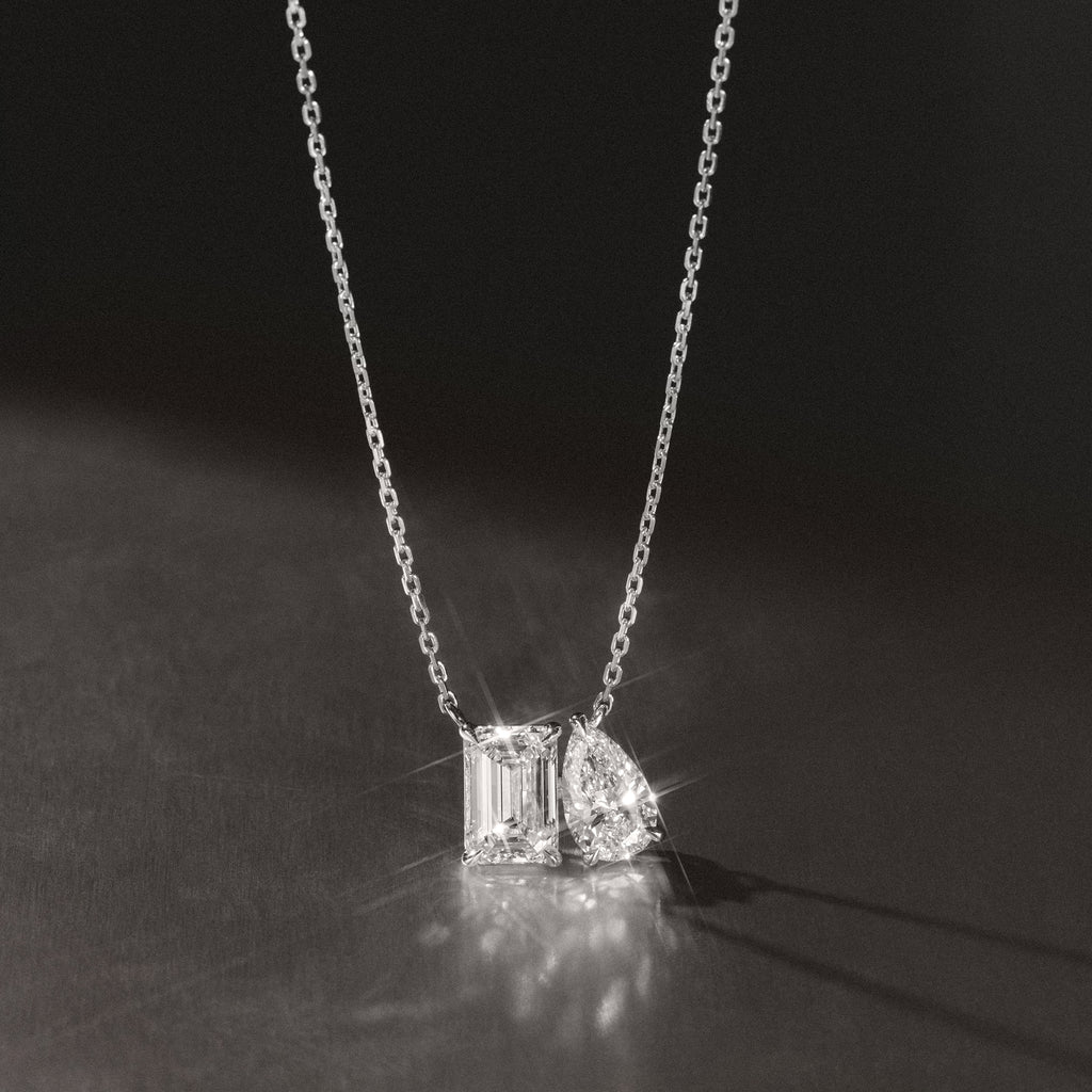 Toi Et Moi 3.00ct Emerald and Pear Cut Lab Diamond 2 Stone Necklace in 18K White Gold