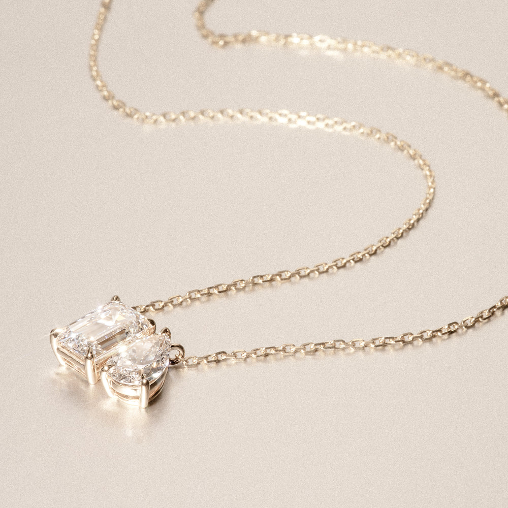 Toi Et Moi 3.00ct Emerald and Pear Cut Lab Diamond 2 Stone Necklace in 18K Yellow Gold