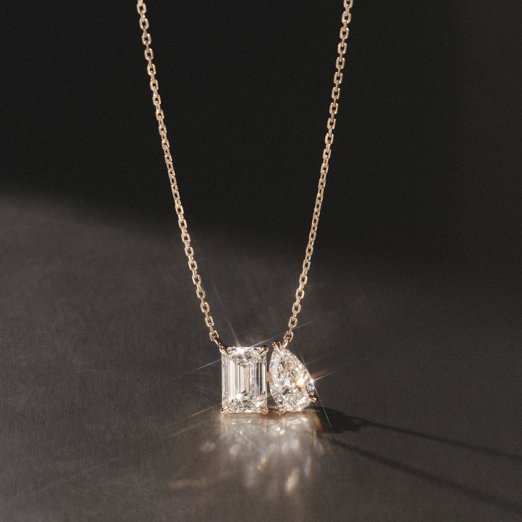 Toi Et Moi 3.00ct Emerald and Pear Cut Lab Diamond 2 Stone Necklace in 18K Yellow Gold