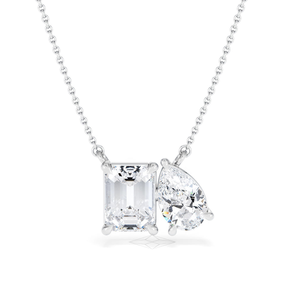 Toi Et Moi 3.00ct Emerald and Pear Cut Lab Diamond 2 Stone Necklace in 18K White Gold