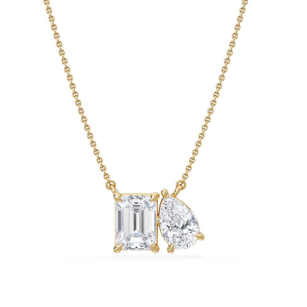 Toi Et Moi 3.00ct Emerald and Pear Cut Lab Diamond 2 Stone Necklace in 18K Yellow Gold