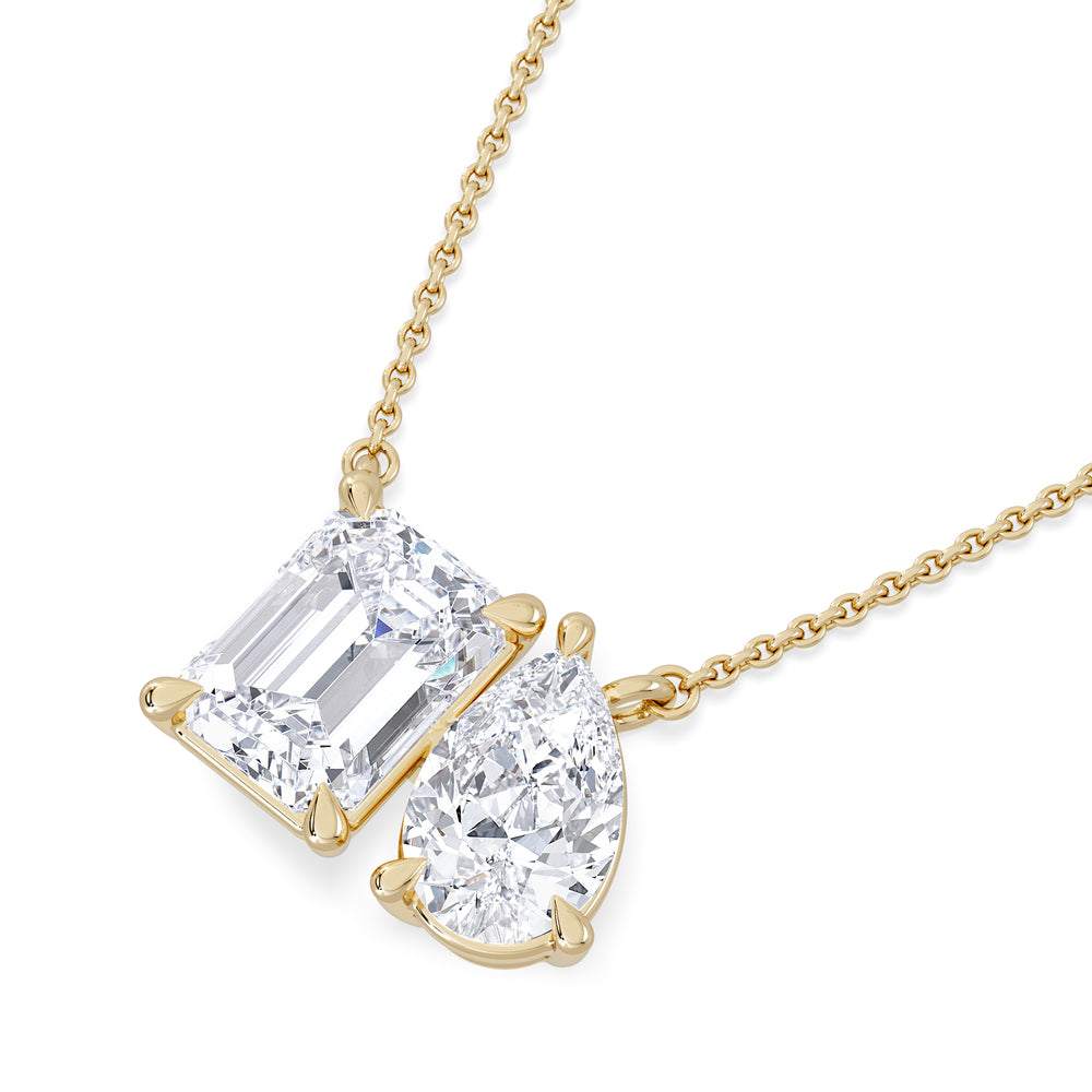 Toi Et Moi 3.00ct Emerald and Pear Cut Lab Diamond 2 Stone Necklace in 18K Yellow Gold