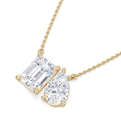 Toi Et Moi 3.00ct Emerald and Pear Cut Lab Diamond 2 Stone Necklace in 18K Yellow Gold