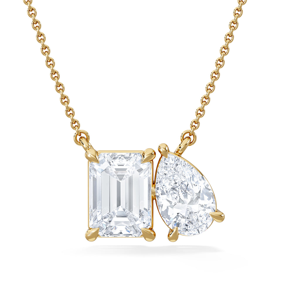 Toi Et Moi 3.00ct Emerald and Pear Cut Lab Diamond 2 Stone Necklace in 18K Yellow Gold