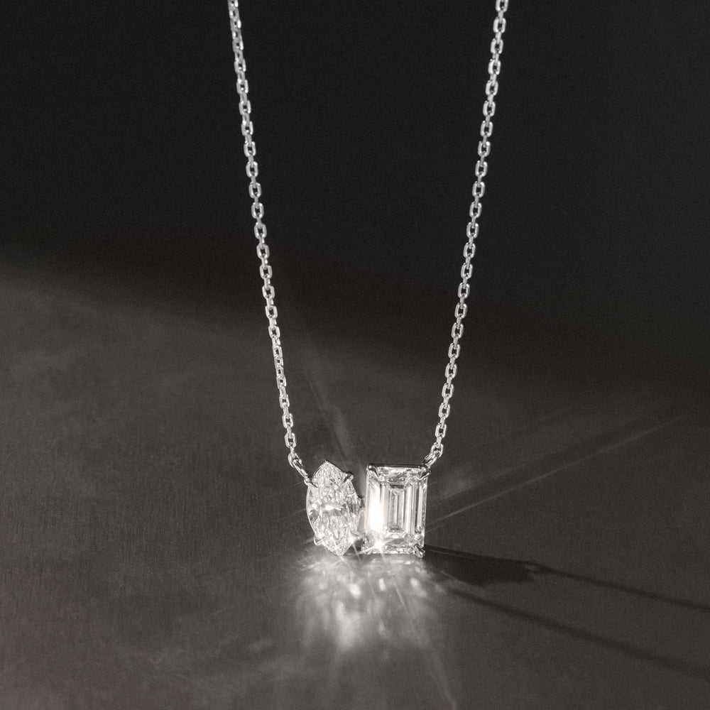 Toi Et Moi 3.00ct Marquise and Emerald Cut Lab Diamond 2 Stone Necklace in 18K White Gold