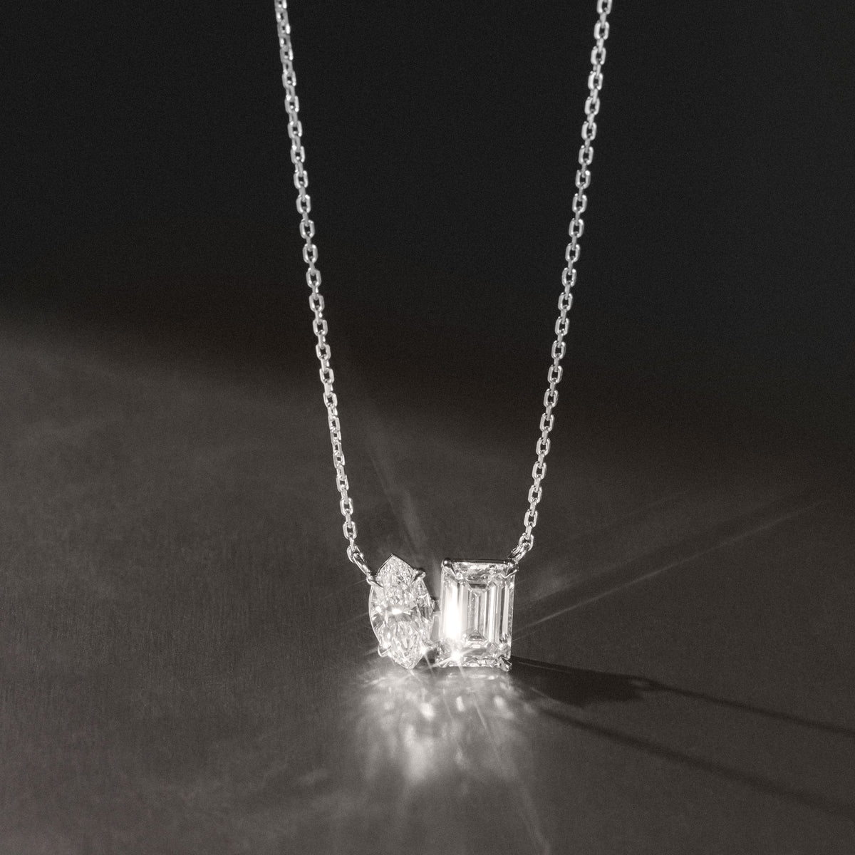 Toi Et Moi 3.00ct Marquise and Emerald Cut Lab Diamond 2 Stone Necklace in 18K White Gold