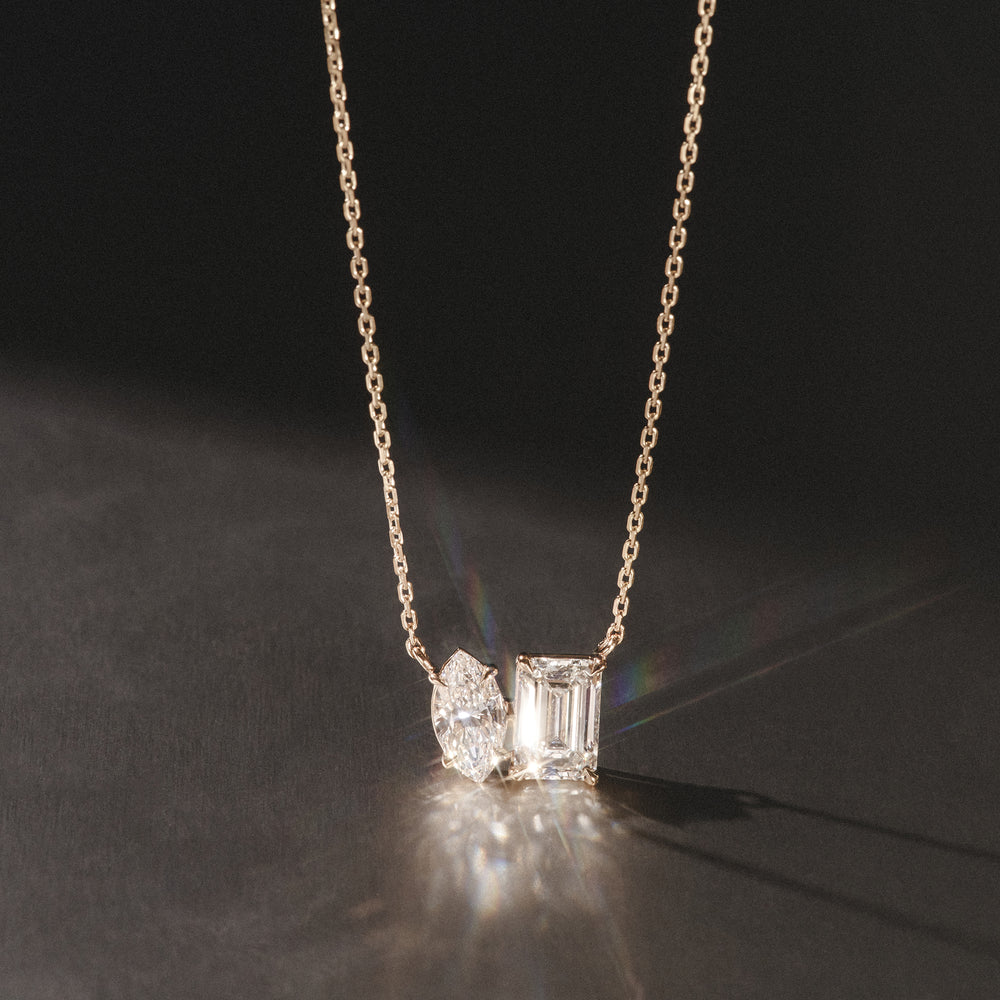 Toi Et Moi 3.00ct Marquise and Emerald Cut Lab Diamond 2 Stone Necklace in 18K Yellow Gold