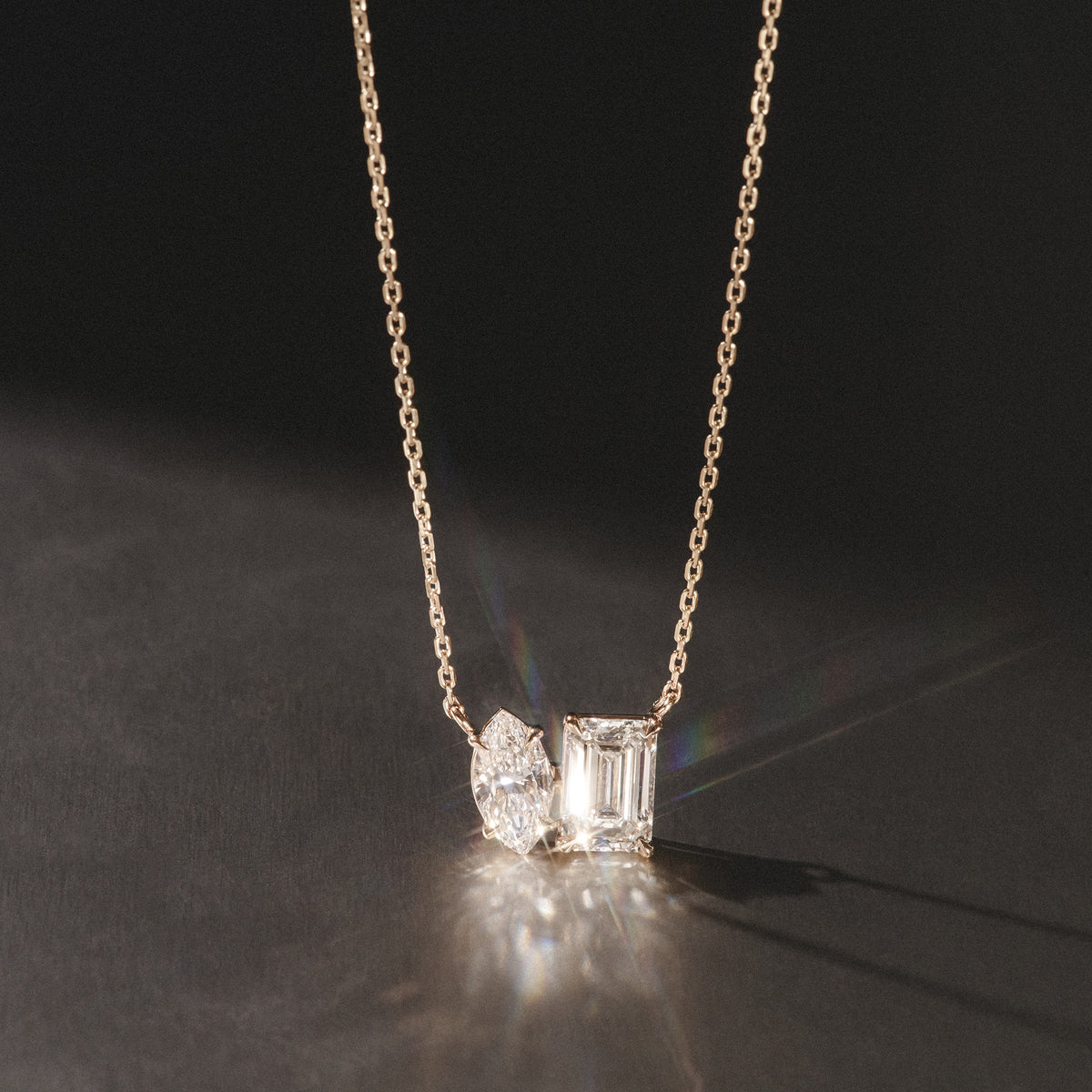 Toi Et Moi 3.00ct Marquise and Emerald Cut Lab Diamond 2 Stone Necklace in 18K Yellow Gold