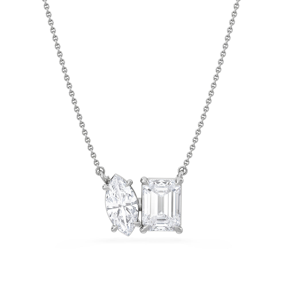 Toi Et Moi 3.00ct Marquise and Emerald Cut Lab Diamond 2 Stone Necklace in 18K White Gold
