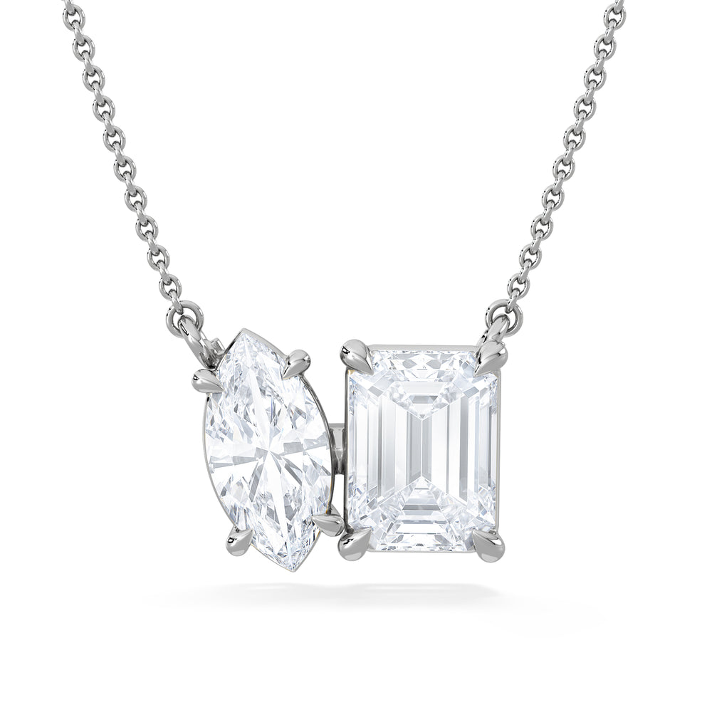 Toi Et Moi 3.00ct Marquise and Emerald Cut Lab Diamond 2 Stone Necklace in 18K White Gold