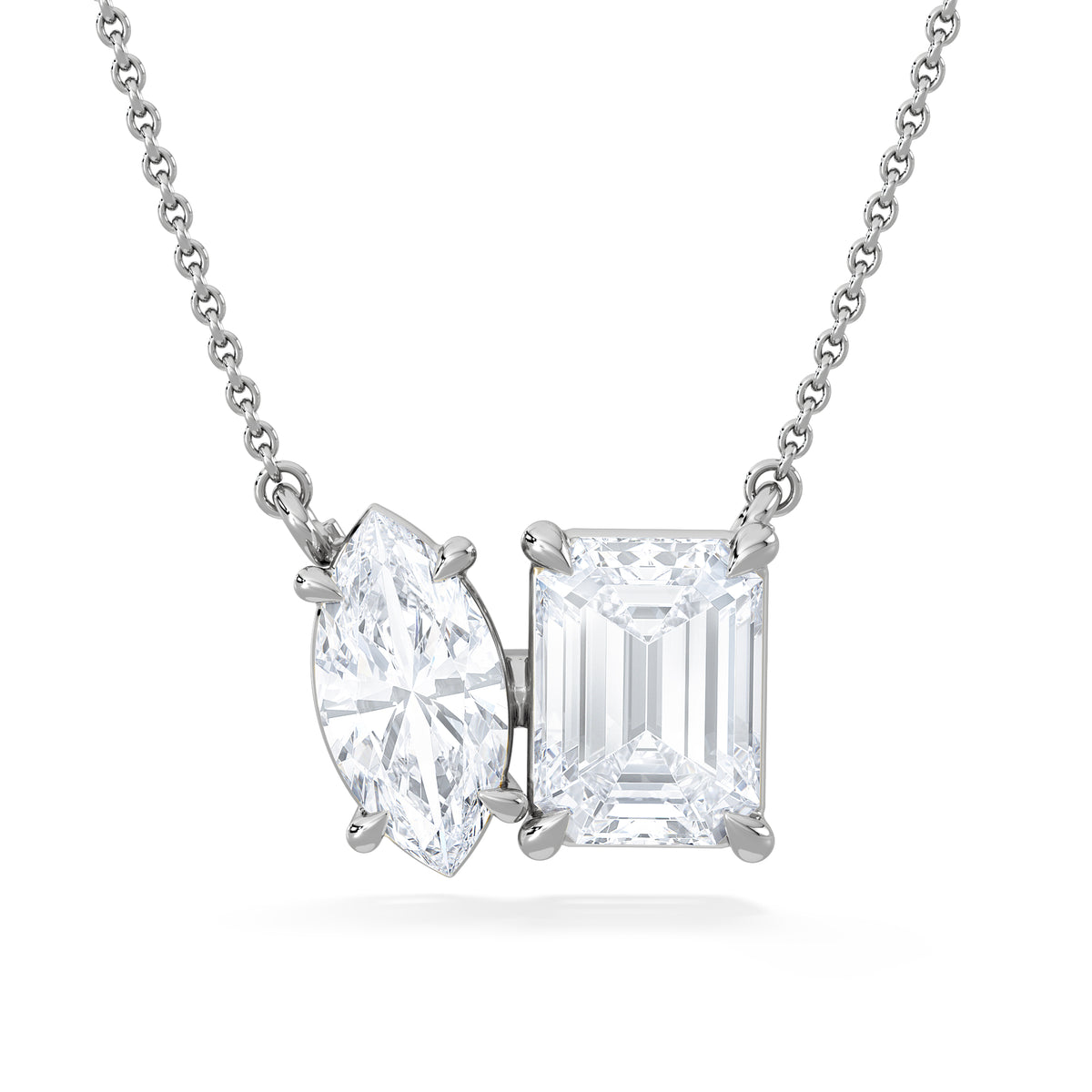Toi Et Moi 3.00ct Marquise and Emerald Cut Lab Diamond 2 Stone Necklace in 18K White Gold