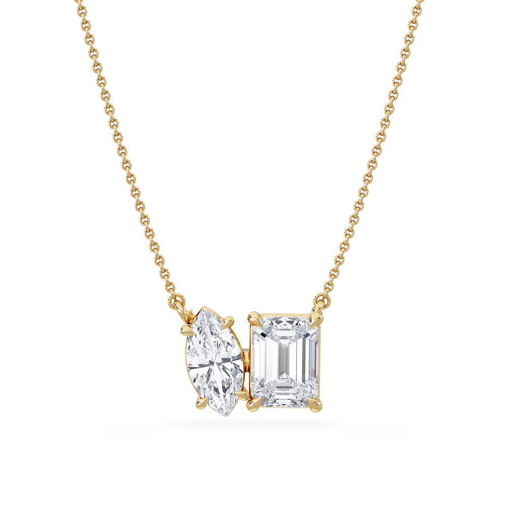 Toi Et Moi 3.00ct Marquise and Emerald Cut Lab Diamond 2 Stone Necklace in 18K Yellow Gold