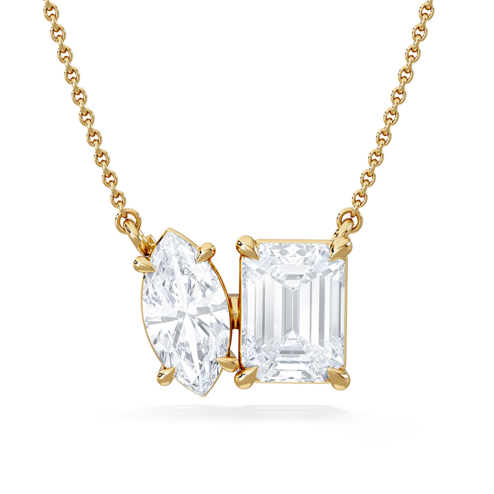 Toi Et Moi 3.00ct Marquise and Emerald Cut Lab Diamond 2 Stone Necklace in 18K Yellow Gold