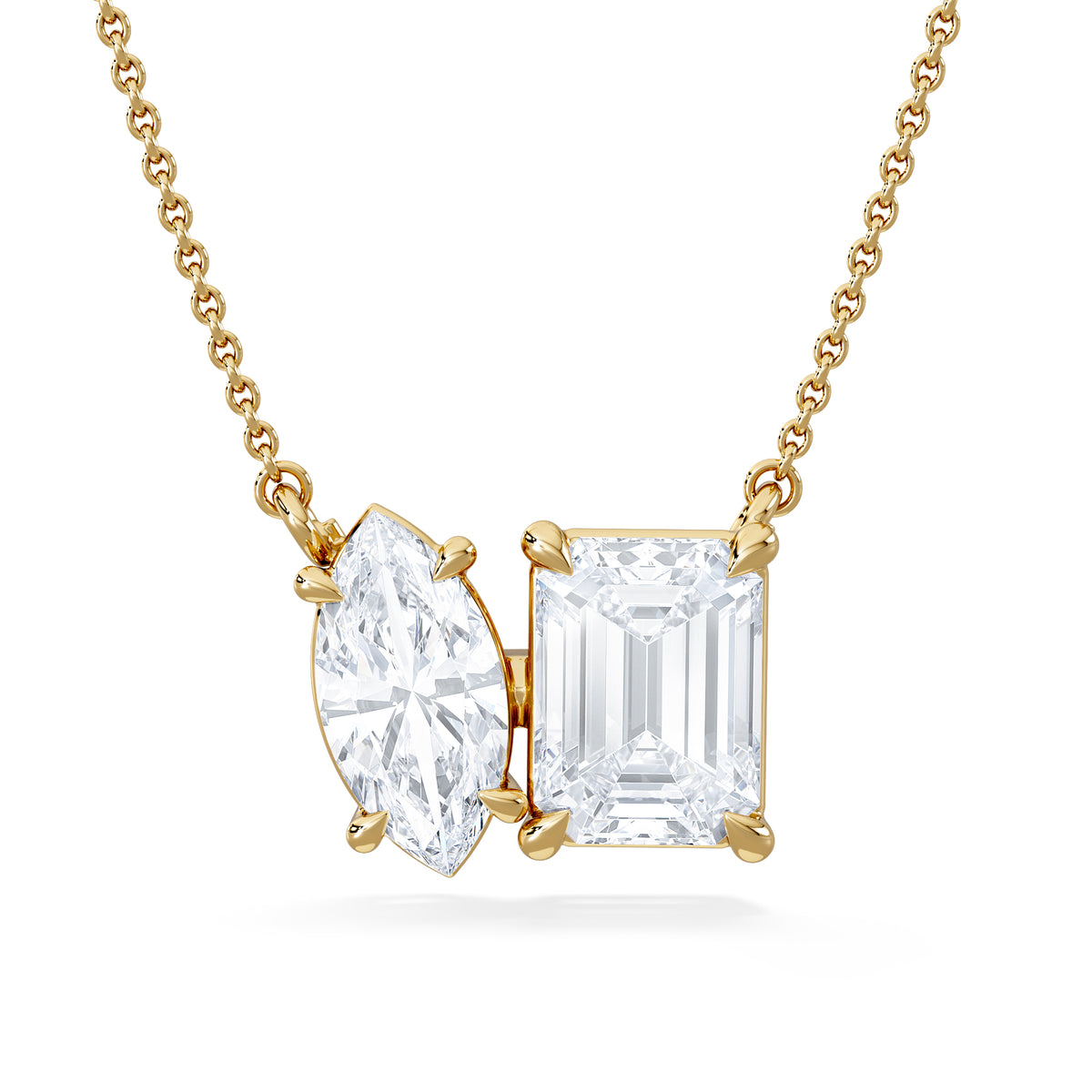 Toi Et Moi 3.00ct Marquise and Emerald Cut Lab Diamond 2 Stone Necklace in 18K Yellow Gold