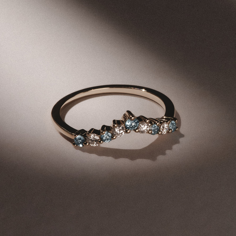 Starlit Aquamarine and Lab Diamond Wishbone Ring in 9K Yellow Gold