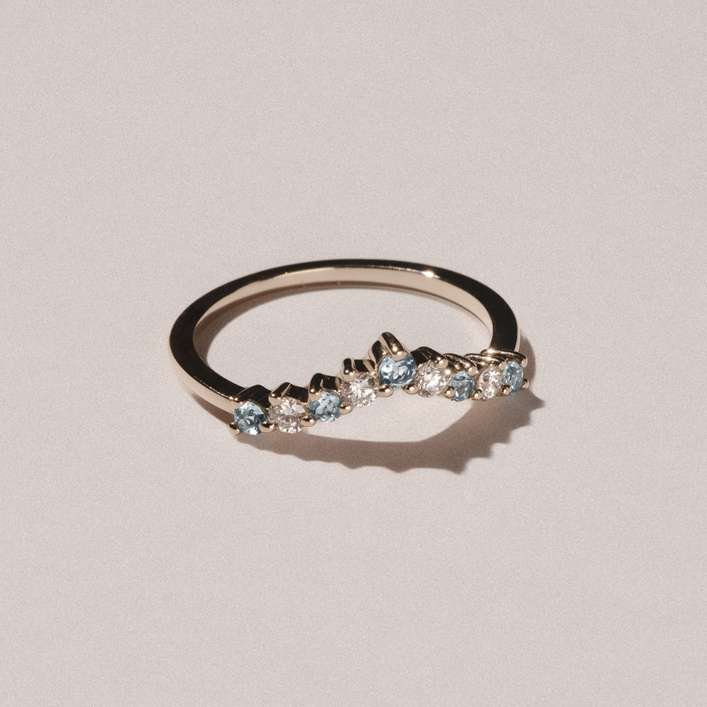 Starlit Aquamarine and Lab Diamond Wishbone Ring in 9K Yellow Gold