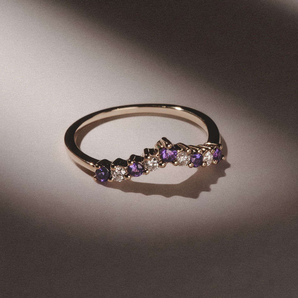 Starlit Amethyst and Lab Diamond Wishbone Ring in 9K Yellow Gold