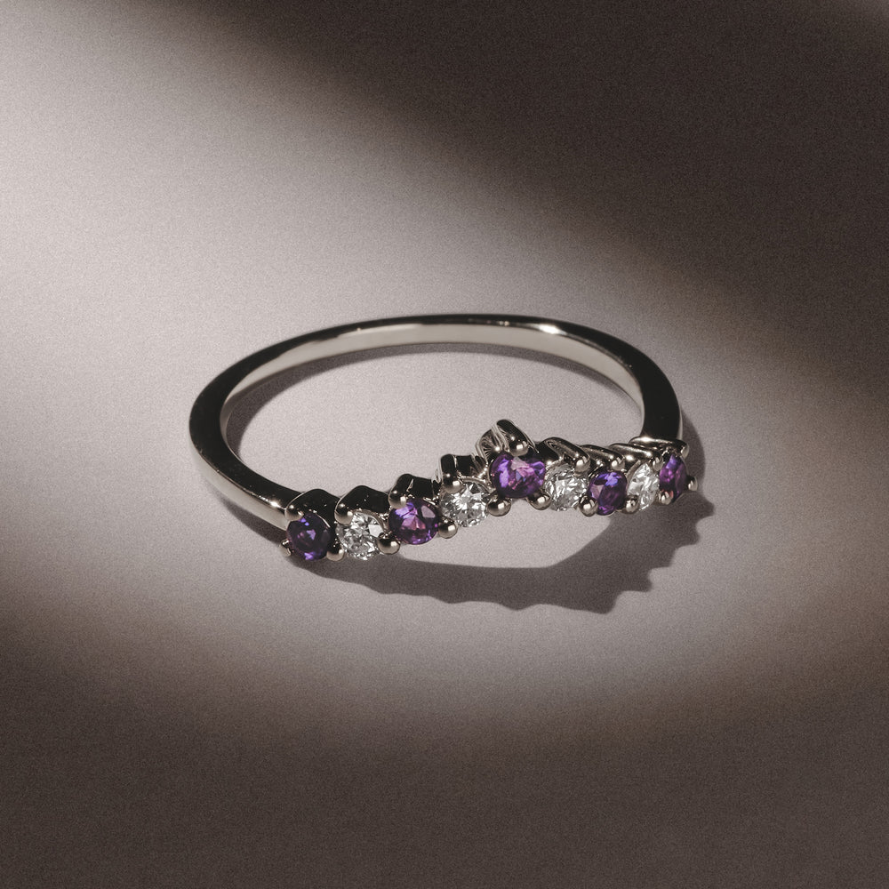 Starlit Amethyst and Lab Diamond Wishbone Ring in 9K White Gold