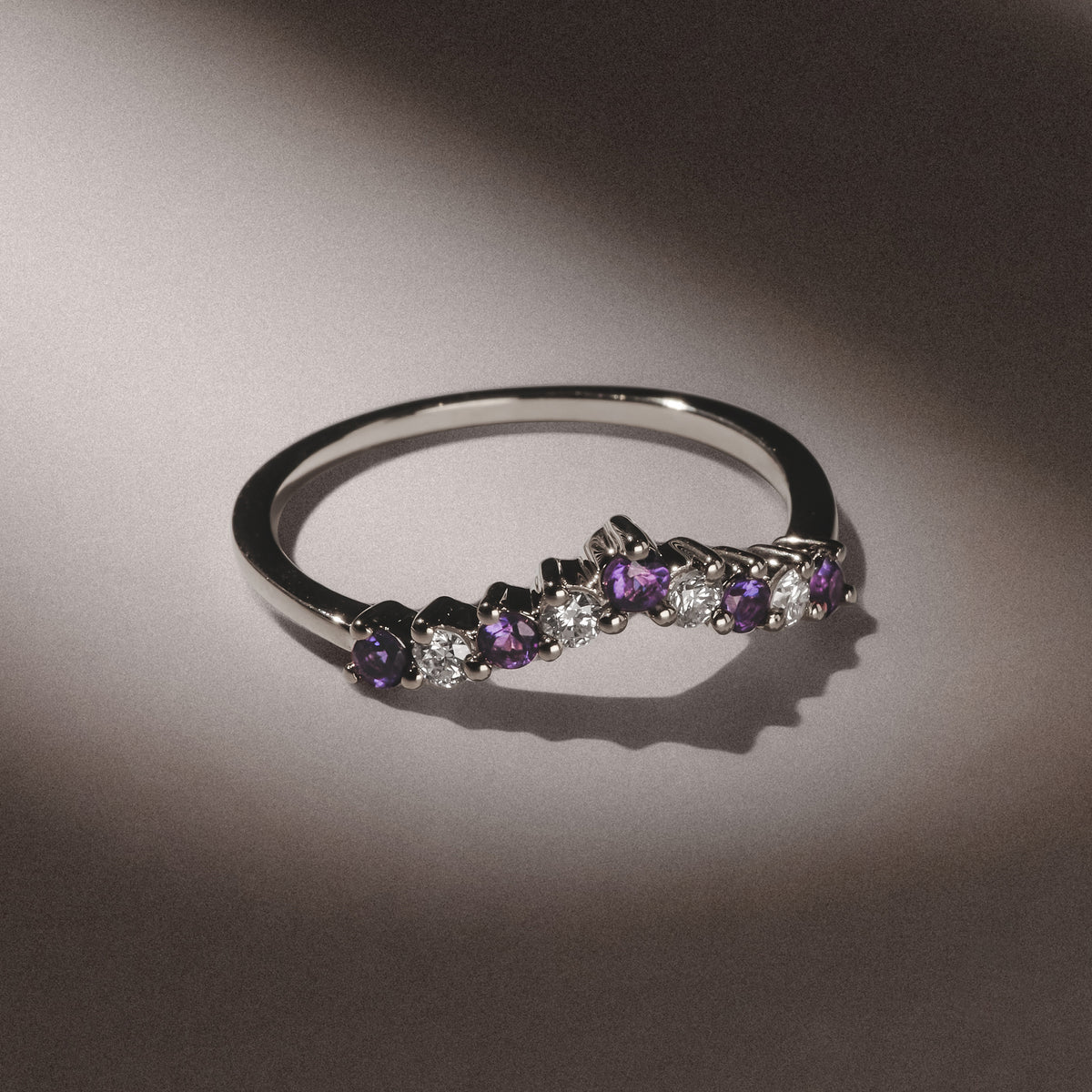 Starlit Amethyst and Lab Diamond Wishbone Ring in 9K White Gold