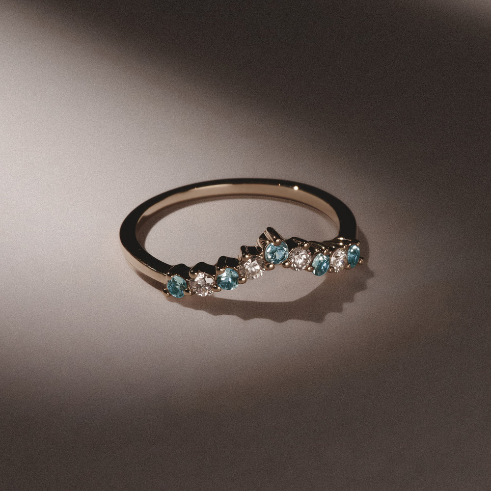 Starlit Blue Topaz and Lab Diamond Wishbone Ring in 9K Yellow Gold