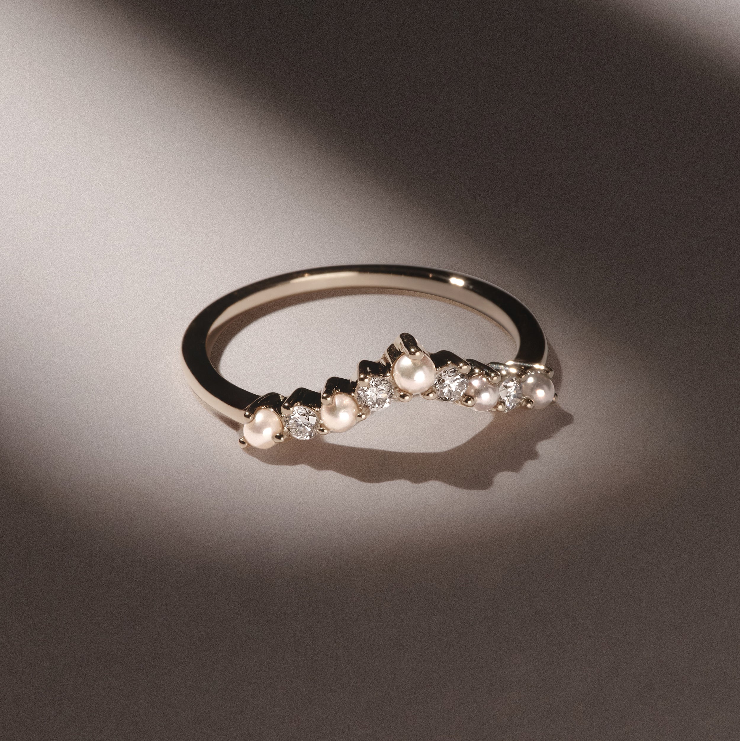 Starlit Pearl and Lab Diamond Wishbone Ring in 9K Yellow Gold