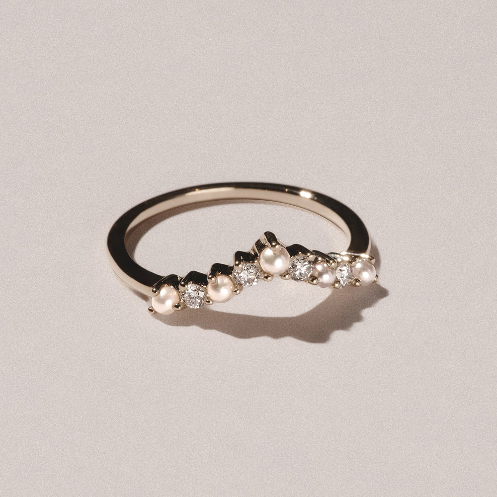 Starlit Pearl and Lab Diamond Wishbone Ring in 9K Yellow Gold