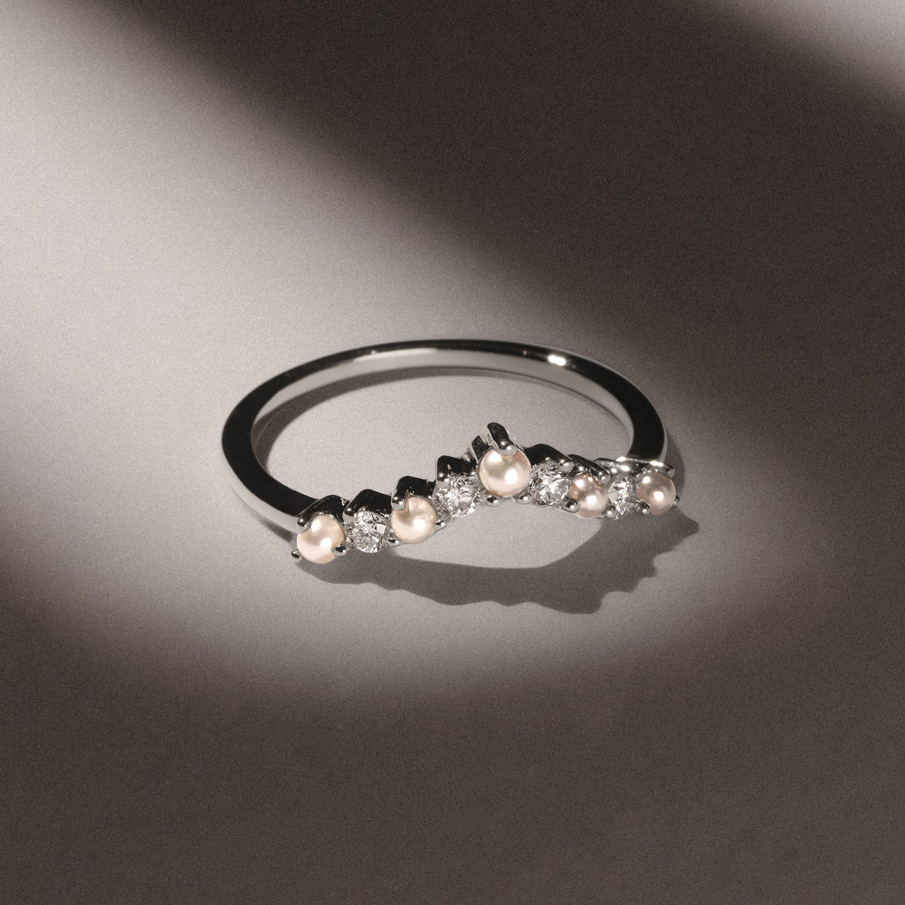 Starlit Pearl and Lab Diamond Wishbone Ring in 9K White Gold