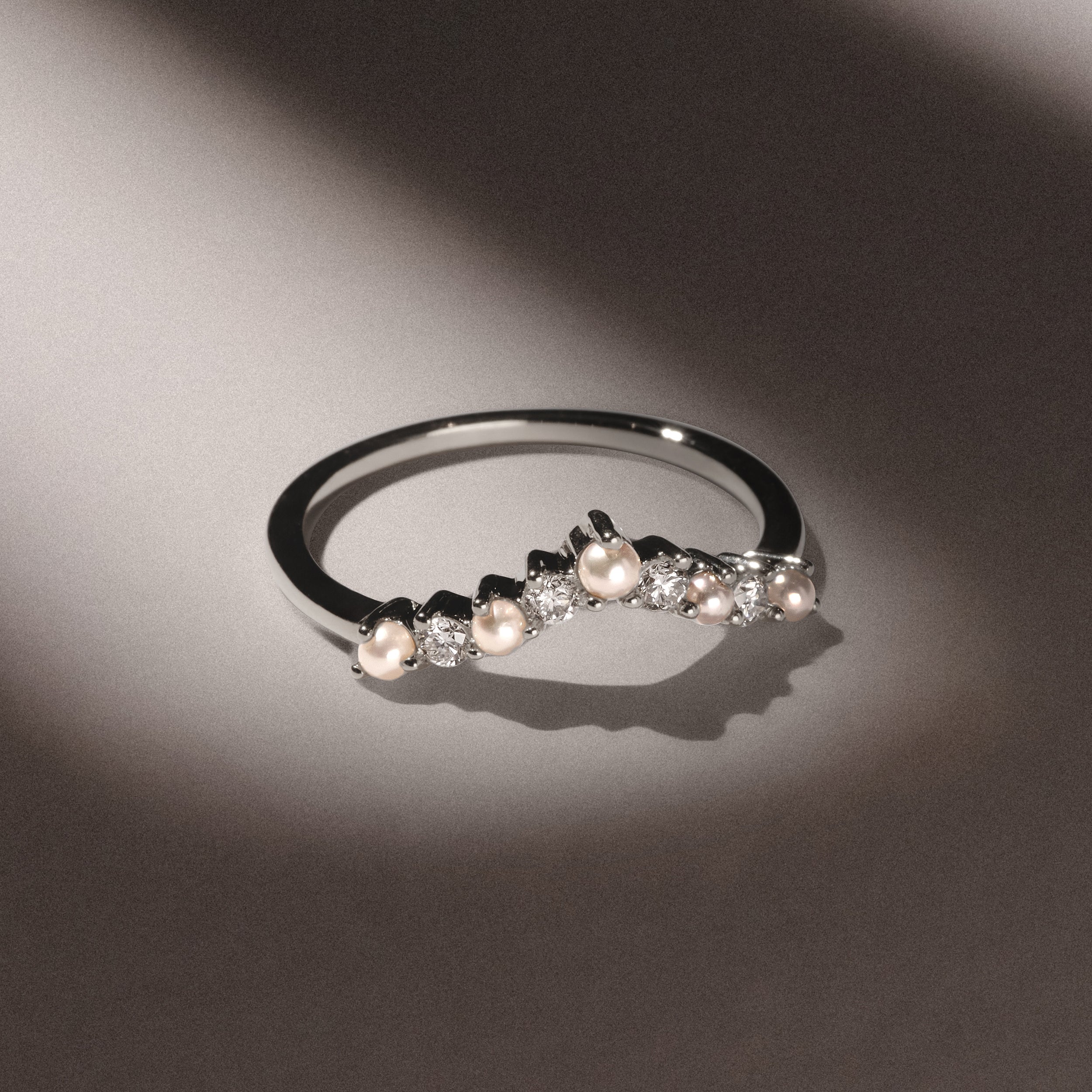 Starlit Pearl and Lab Diamond Wishbone Ring in 9K White Gold