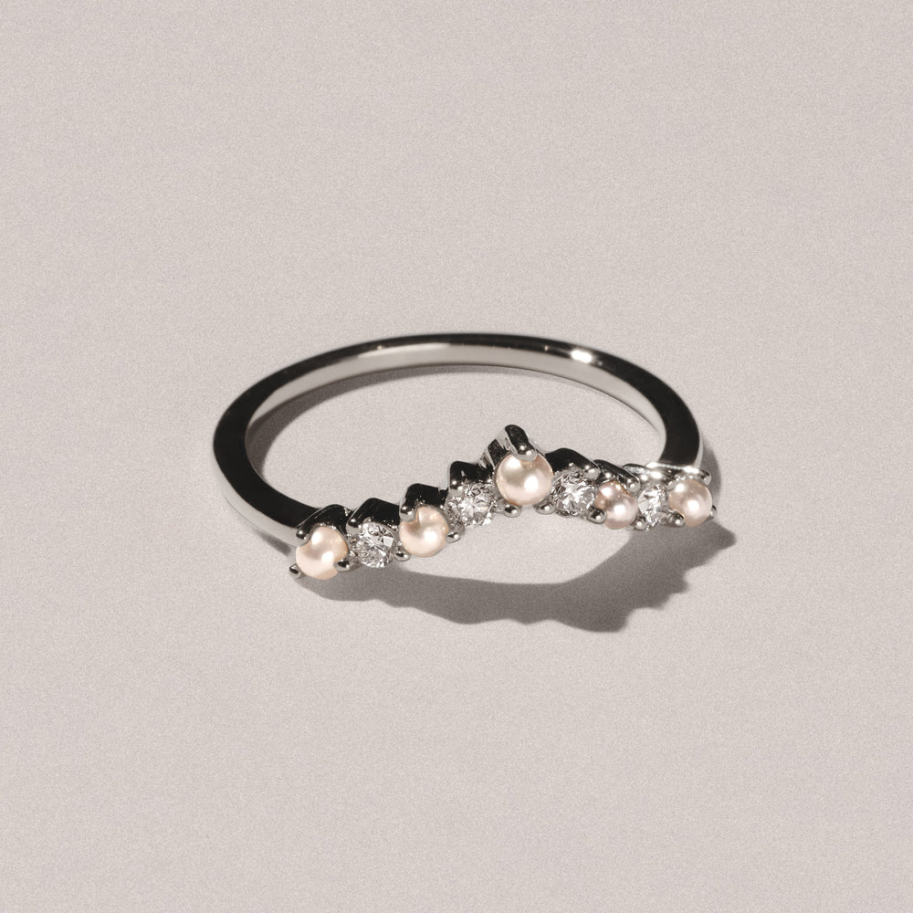 Starlit Pearl and Lab Diamond Wishbone Ring in 9K White Gold