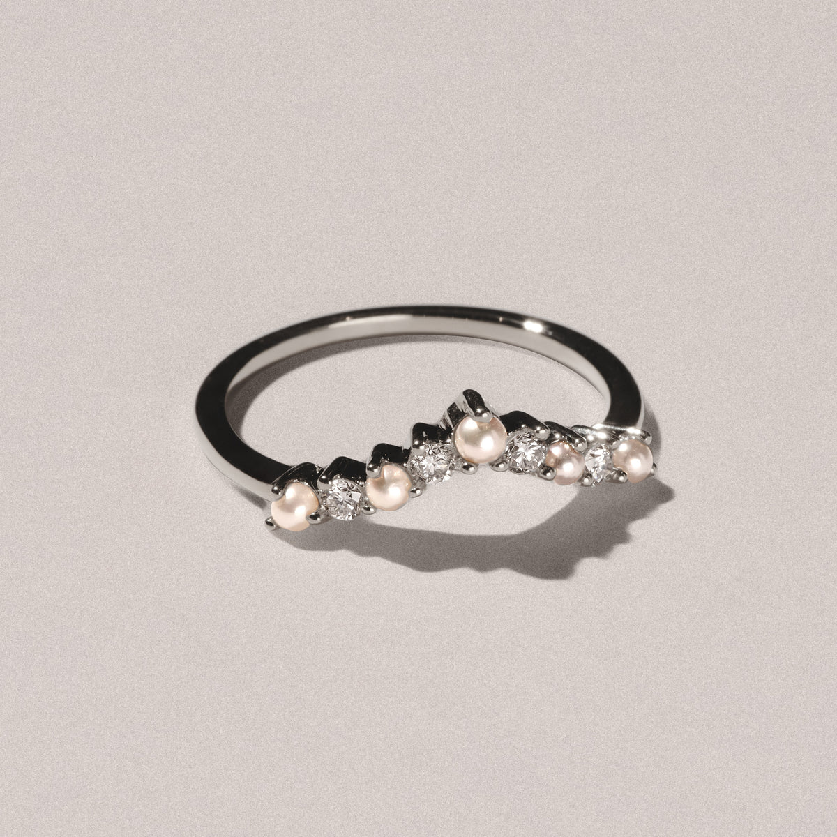 Starlit Pearl and Lab Diamond Wishbone Ring in 9K White Gold