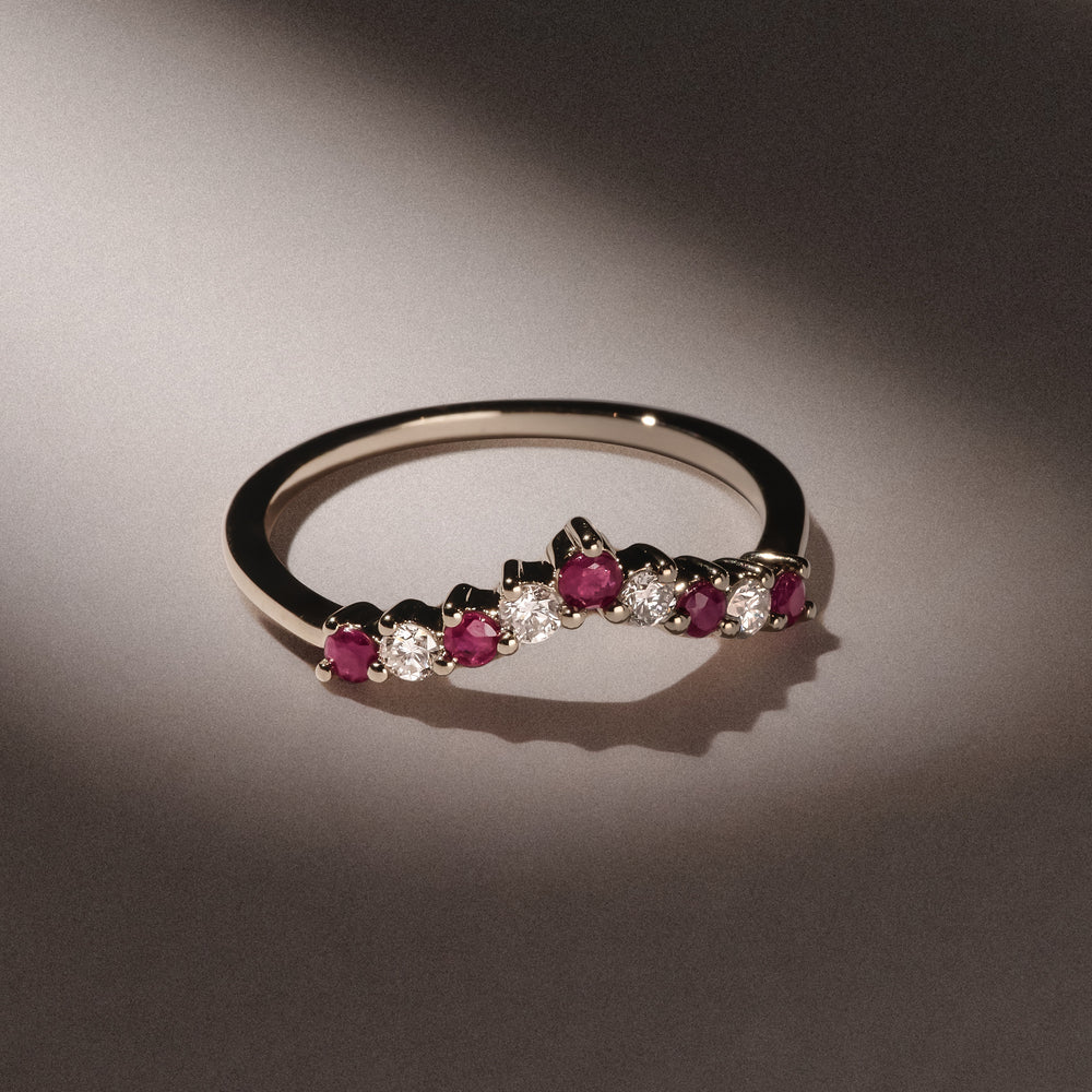 Starlit Ruby and Lab Diamond Wishbone Ring in 9K Yellow Gold
