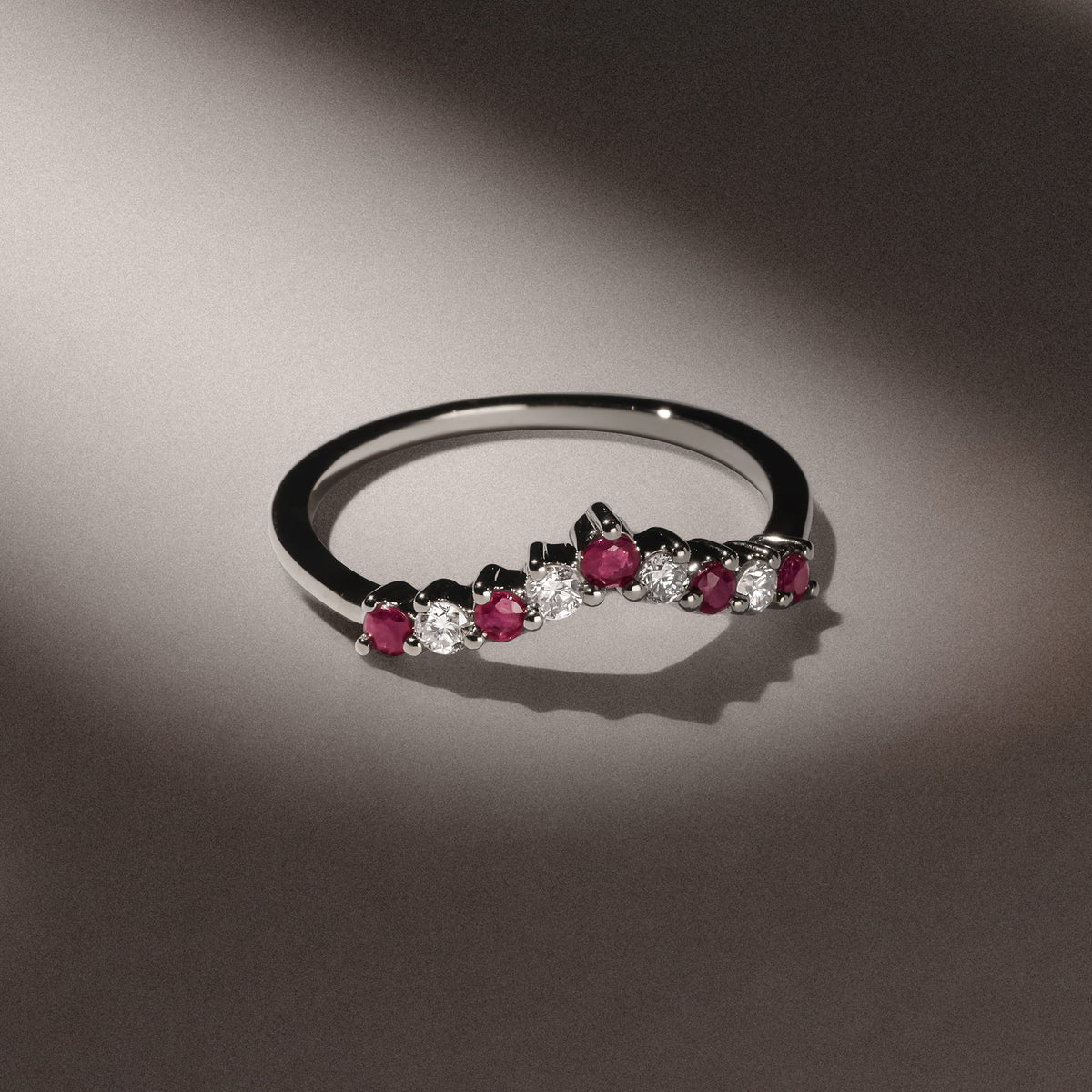 Starlit Ruby and Lab Diamond Wishbone Ring in 9K White Gold