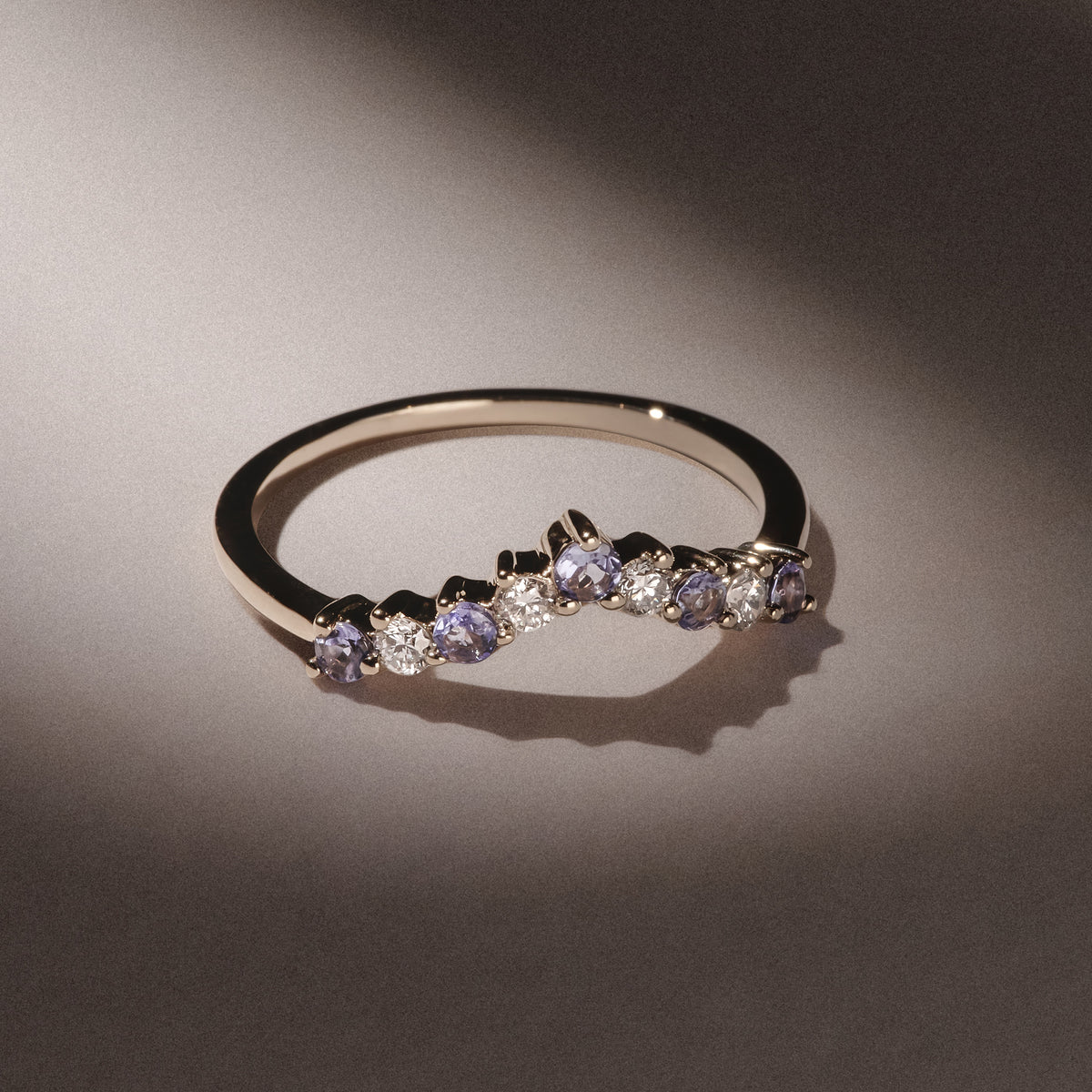 Starlit Tanzanite and Lab Diamond Wishbone Ring in 9K Yellow Gold
