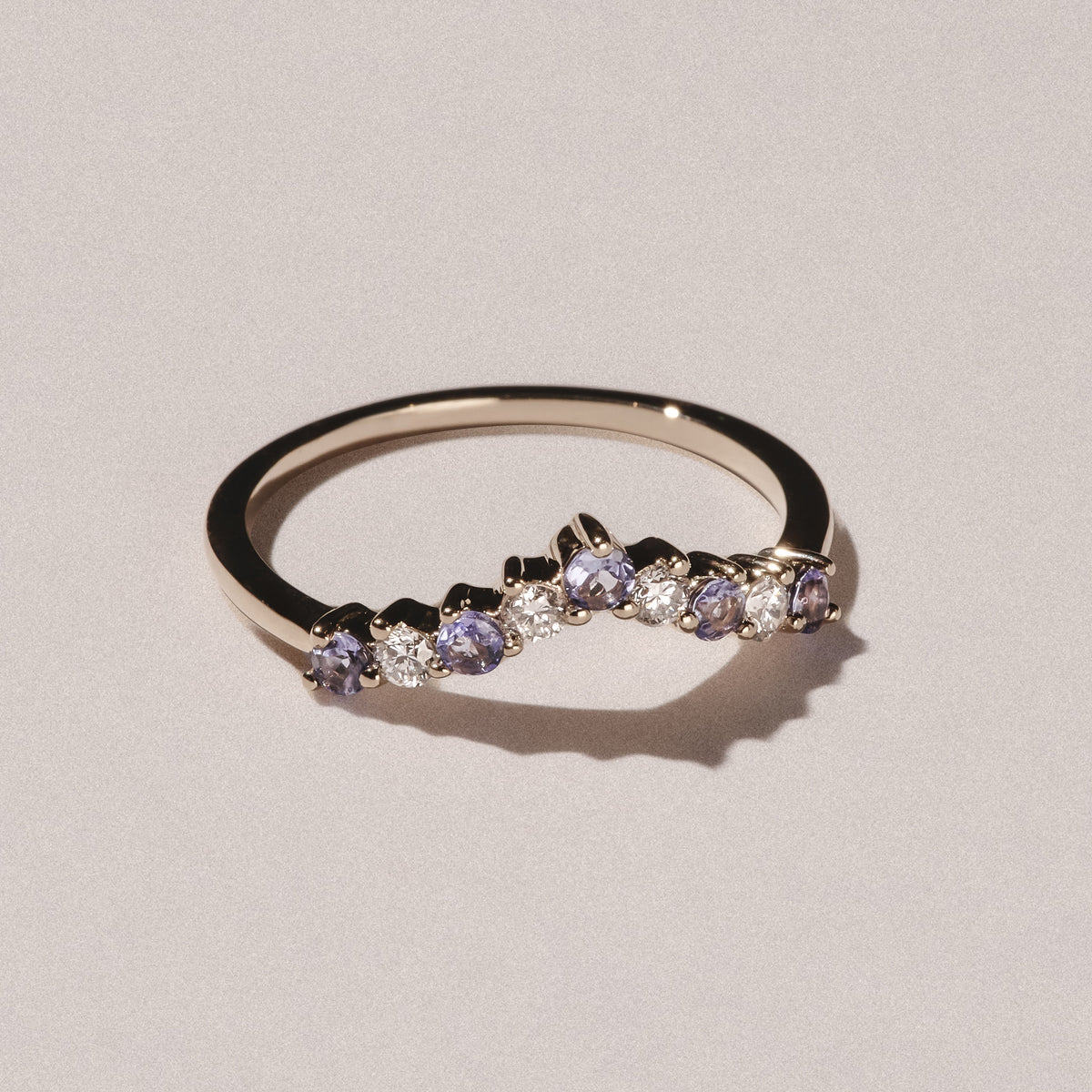 Starlit Tanzanite and Lab Diamond Wishbone Ring in 9K Yellow Gold