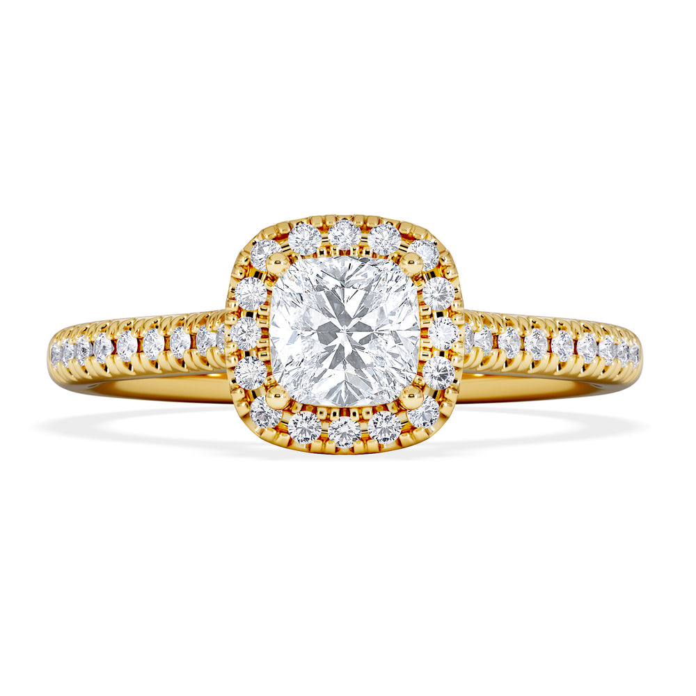 Lumia Cushion Cut Lab Diamond Halo Ring 0.70ct F/VS in 9K Gold