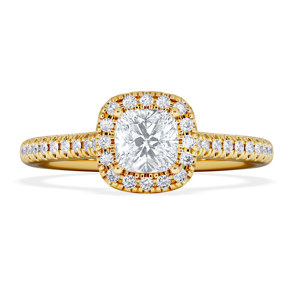 Lumia Cushion Cut Lab Diamond Halo Ring 0.70ct F/VS in 9K Gold