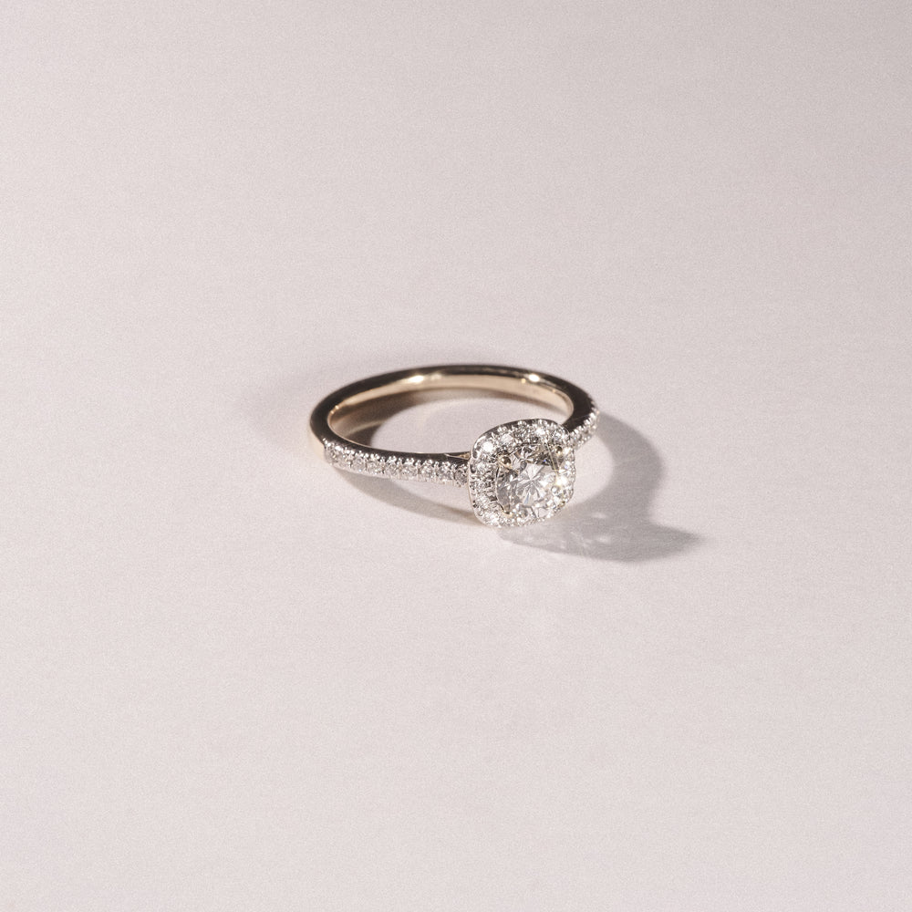 Lumia Cushion Cut Lab Diamond Halo Ring 0.70ct F/VS in 9K Gold