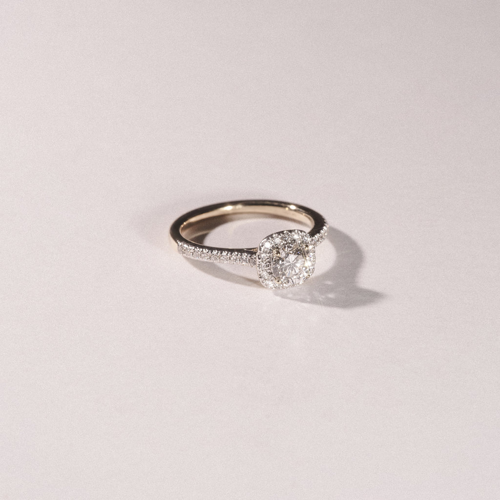 Lumia Cushion Cut Lab Diamond Halo Ring 0.70ct F/VS in 9K Gold