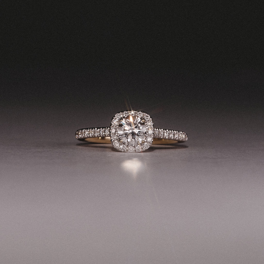 Lumia Cushion Cut Lab Diamond Halo Ring 0.70ct F/VS in 9K Gold