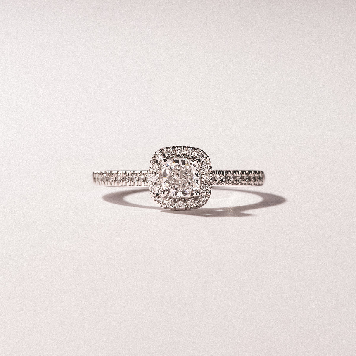 Lumia Cushion Cut Lab Diamond Halo Ring 0.70ct F/VS in 9K White Gold