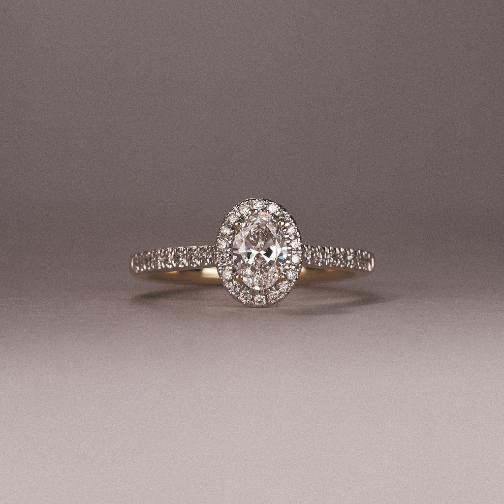 Lumia Oval Cut Lab Diamond Halo Ring 0.70ct F/VS in 9K Gold