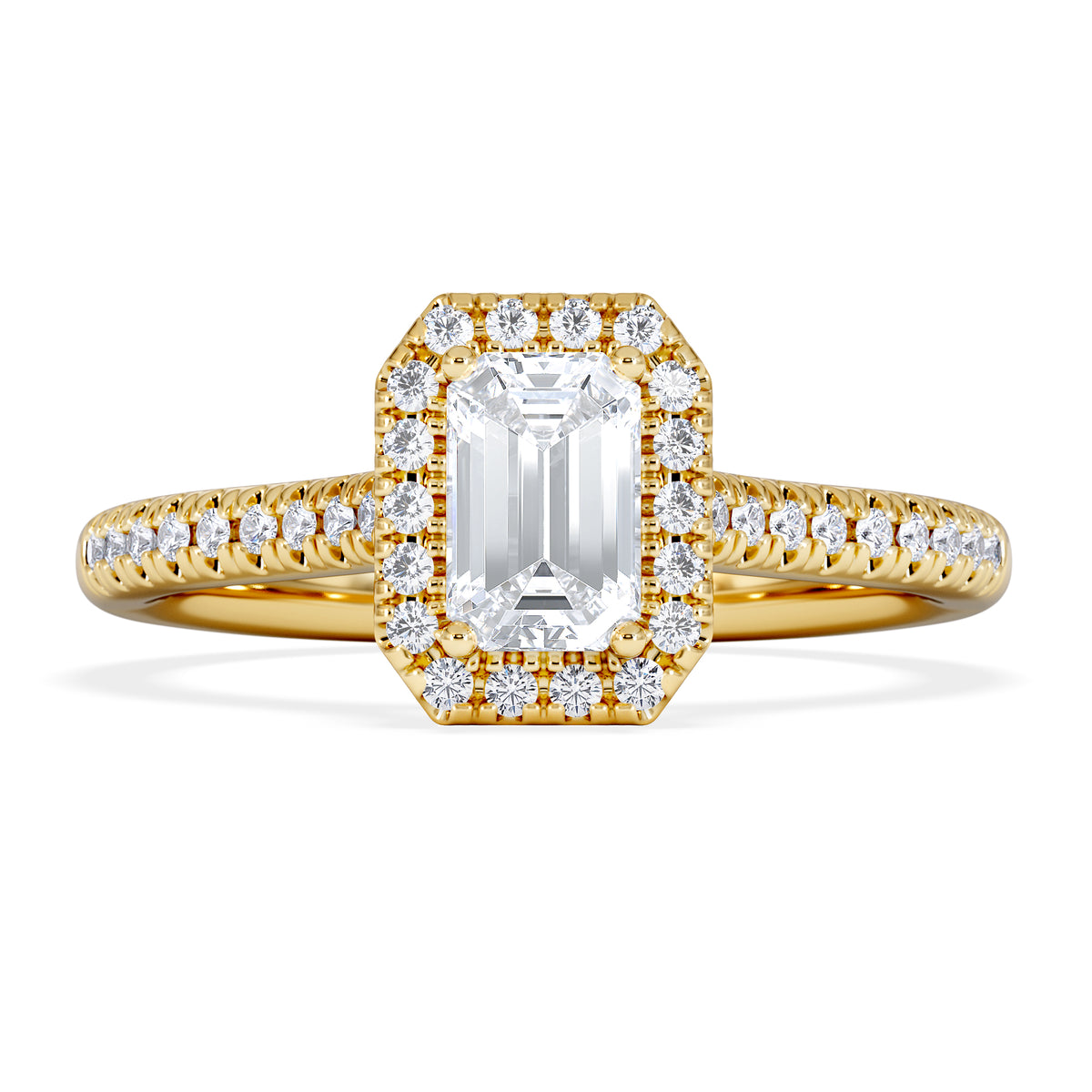 Lumia Cut Emerald Cut Lab Diamond Halo Ring 0.70ct F/VS in 9K Gold