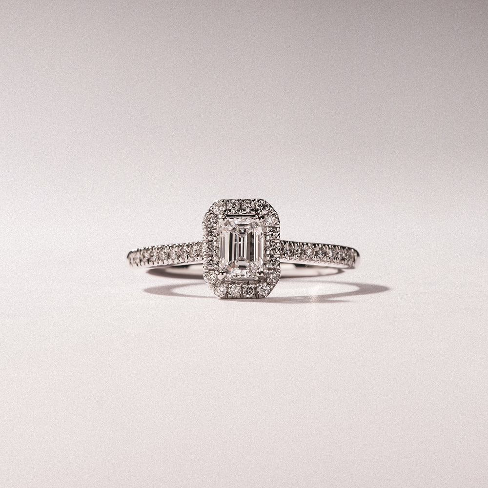 Lumia Cut Emerald Cut Lab Diamond Halo Ring 0.70ct F/VS in 9K Gold